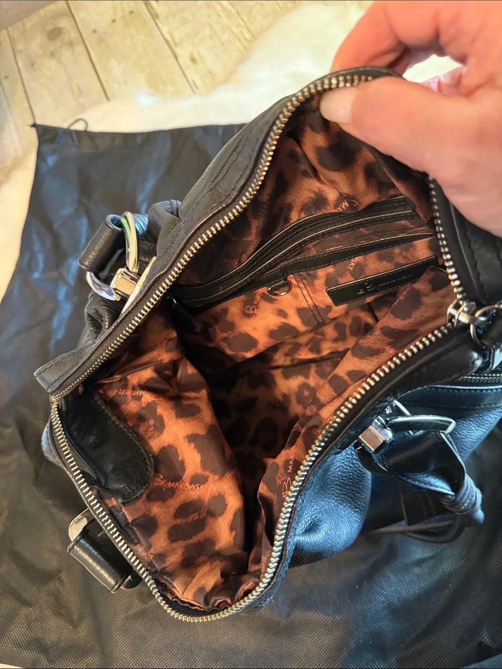 B. Makowsky Black Leather Hobo Bag with heavy silver hardware